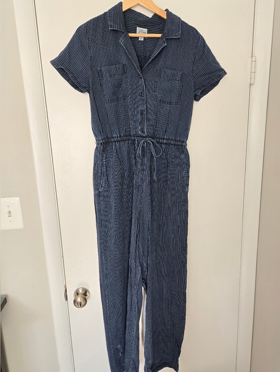 J. Crew Pants - J. Crew Blue Pinstripe Wide Leg Short Sleeve Jumpsuit Size 4